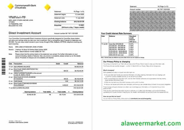 Australia Commonwealth account statement Word and PDF template, 2 pages